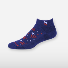 Midnight blue sock with red and white stars and stripes pattern.