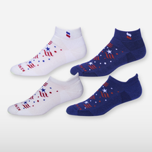 Arctic White Low sock, Arctic White Ankle sock, Midnight Blue Low sock, Midnight Blue Ankle sock (each with a red, white, and blue stars and stripes patterns)